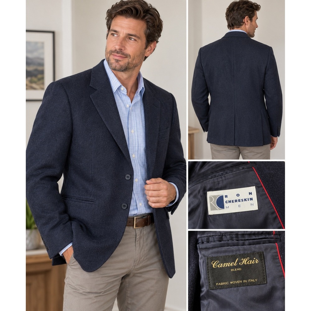 Ron Chereskin Blazer Sport Coat Navy Blue Camel Hair Blend Italian Fabric 42